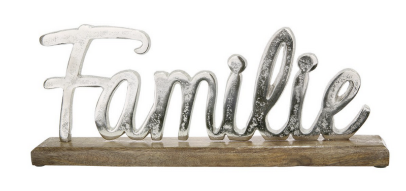 Großer Edler Schriftzug auf Mango-Holz in brüniertem Aluminium als Aufsteller,  Modell: FAMILIE, Maße 44 x 18 x 5 cm, Farbe Natur und Aluminium, tolle Deko für Cafe oder Zuhause.