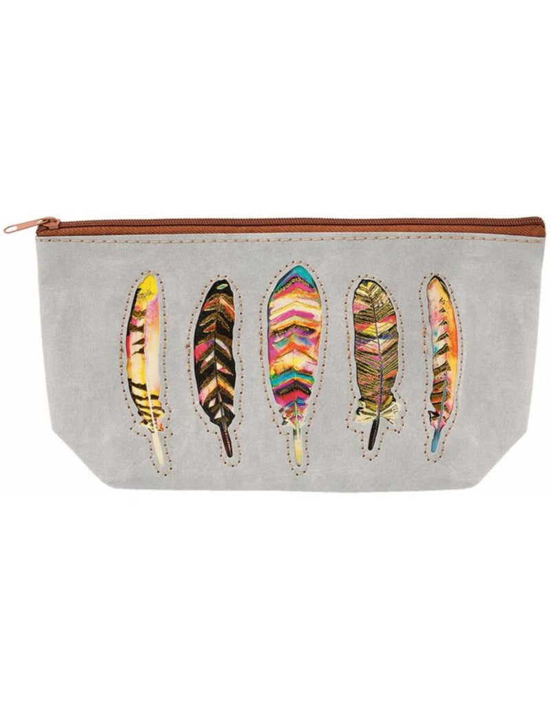 Boho Chic Kosmetiktasche, tolle Federapplikationen, stabile Samtstoffnachbildung für Langlebigkeit mit Reißverschluss, Modell: INDIAN FEATHER, mehrfarbig, 23 x 11 x 6 cm. Hoher Neidfaktor.