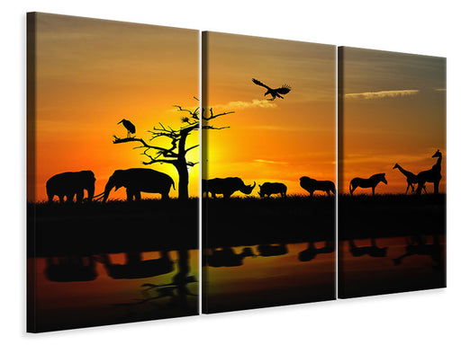 Leinwandbild 3-teilig Safarietiere bei Sonnenuntergang