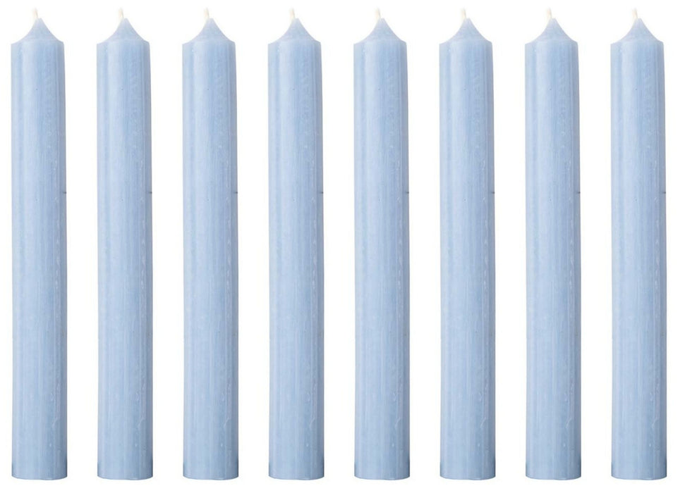 Set of 8 stick candles, color DOVE BLUE, 2 cm diameter, height 18 cm, approx. 8 hours burning time, soot and drip-free, table candles