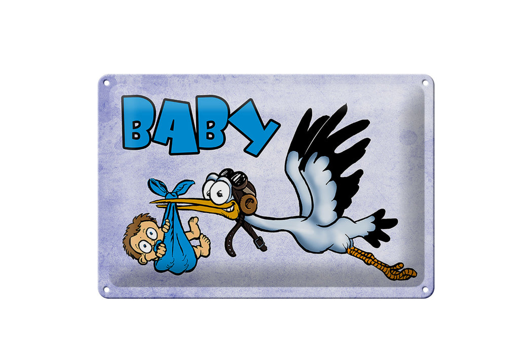 Blechschild Baby 30x20cm Storch bringt Kind in blau Metall Deko