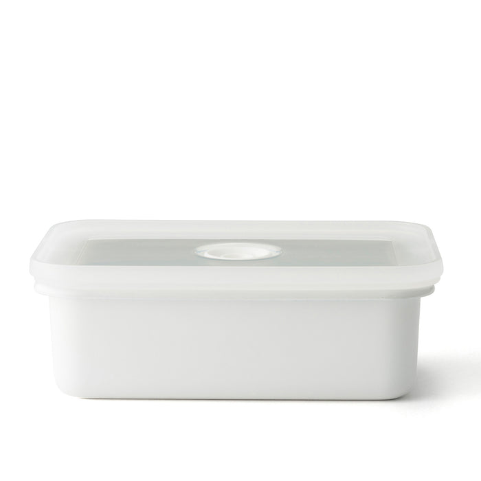 Universelle Frischhaltedose aus Emaille, verwendbar auch als Ofen- und Auflaufform, mit Vakuum-Aromadeckel , Flach - Größe S, 420 ml Fassungsvermögen