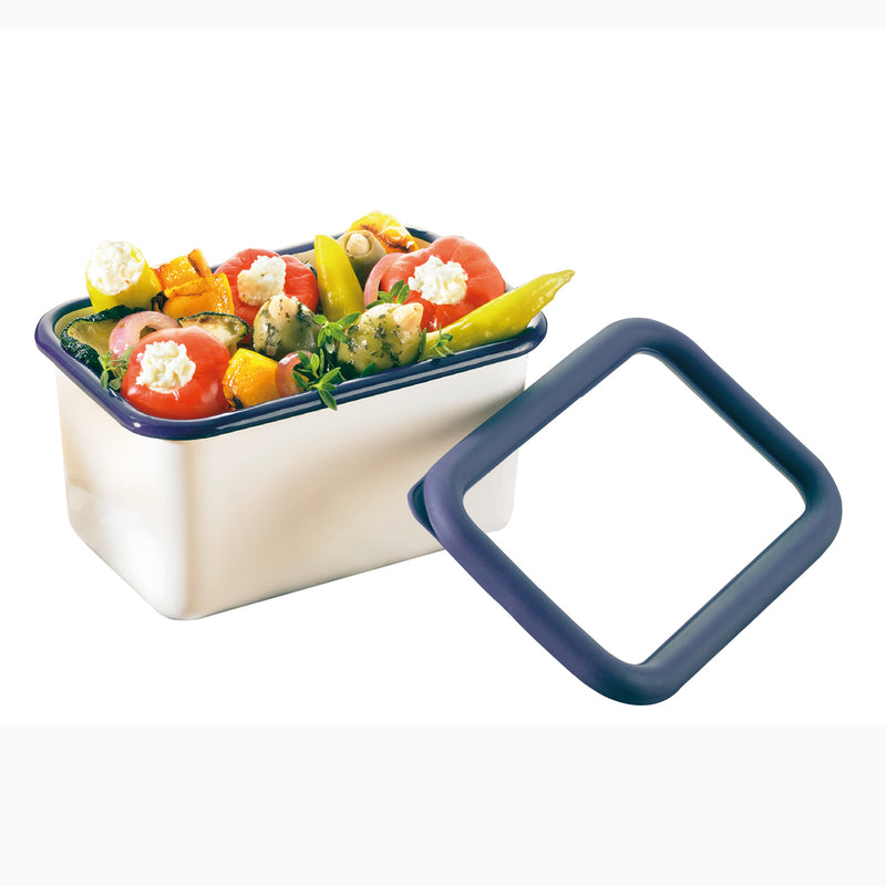 Universelle Frischhaltedose aus Emaille, verwendbar auch als Ofen- und Auflaufform, mit Deckel, Tief - Größe S, 650 ml Fassungsvermögen