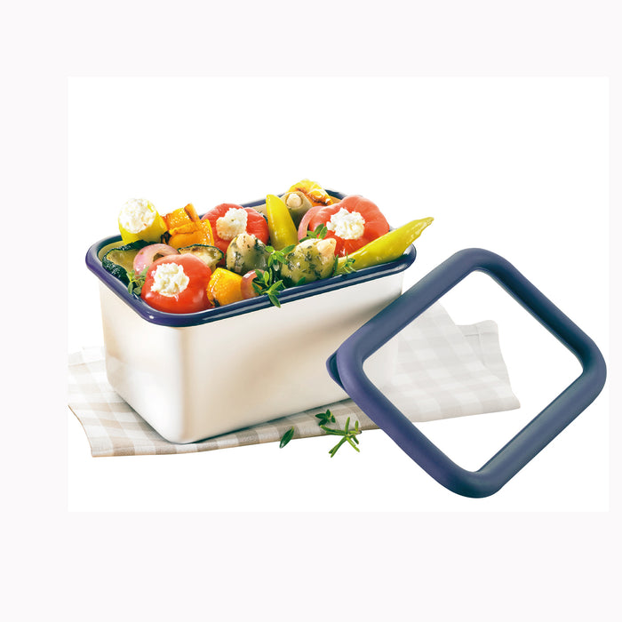 Universelle Frischhaltedose aus Emaille, verwendbar auch als Ofen- und Auflaufform, mit Deckel, Tief - Größe S, 650 ml Fassungsvermögen